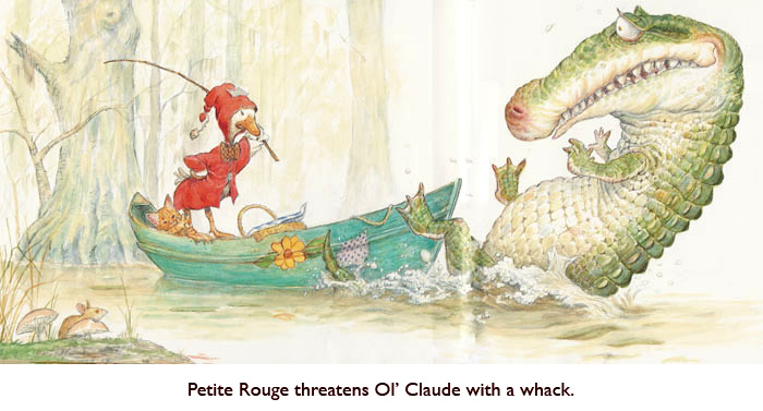 ‘Claude Knows She Means What She Says!’   Claude, dat ‘ol gator, meets a worthy adversary in the Louisiana swamp.  Even the Jim Harris mouse stops nibbling his toadstool and takes note.